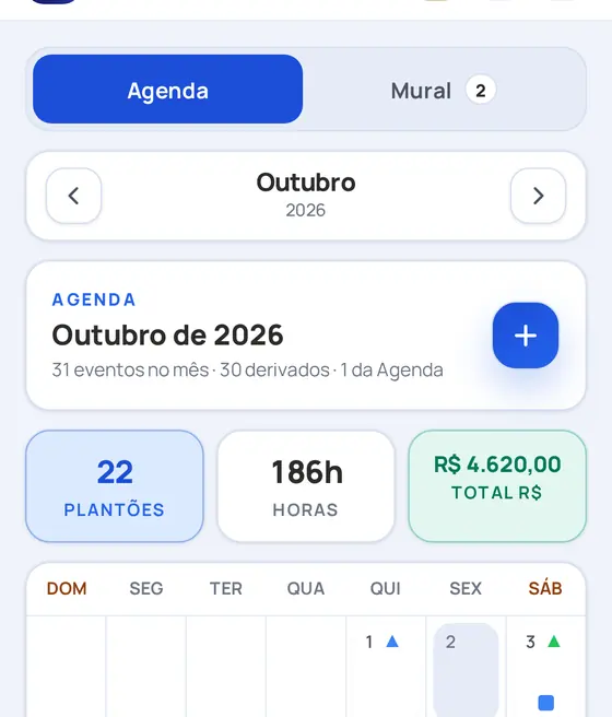 Recorte da tela do app: Sua escala e seus compromissos no mesmo calendário. Dados de exemplo.