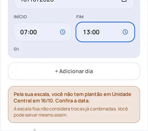 Recorte da tela do app: Aviso de extra fora do plantão. Dados de exemplo.