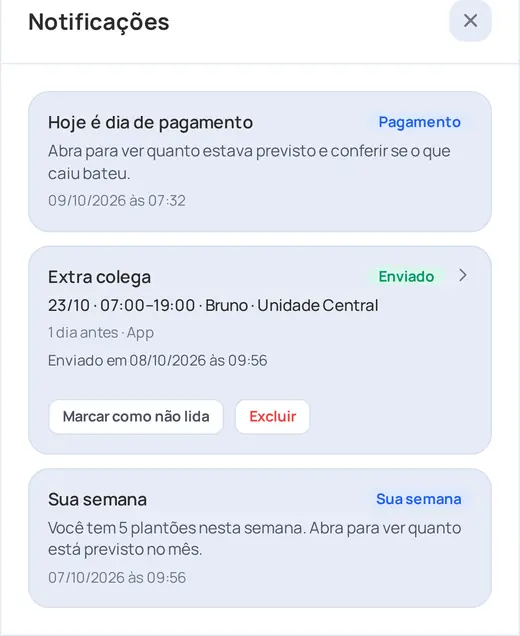 Recorte da tela do app: Avisos que importam. Dados de exemplo.