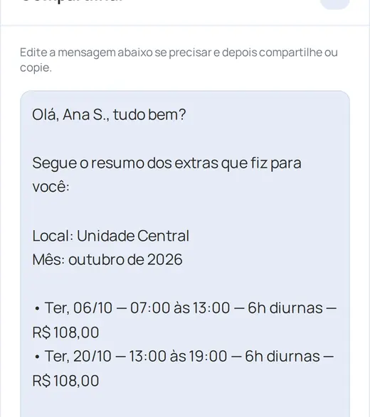 Recorte da tela do app: Cobrança com mensagem pronta. Dados de exemplo.
