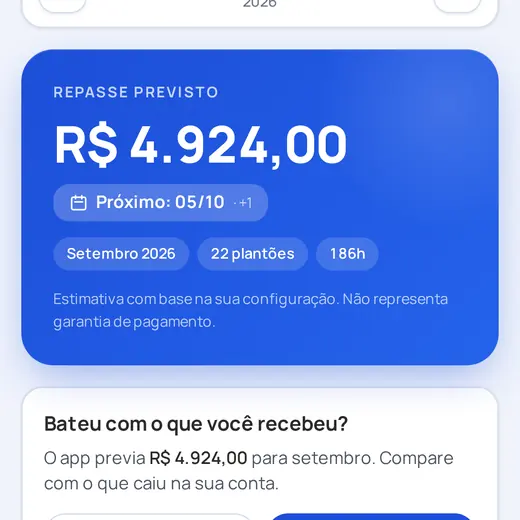 Recorte da tela do app: Conferência do mês. Dados de exemplo.
