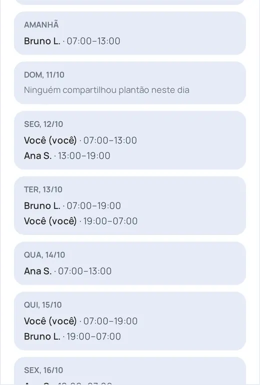 Recorte da tela do app: Unidades: colegas do mesmo local. Dados de exemplo.