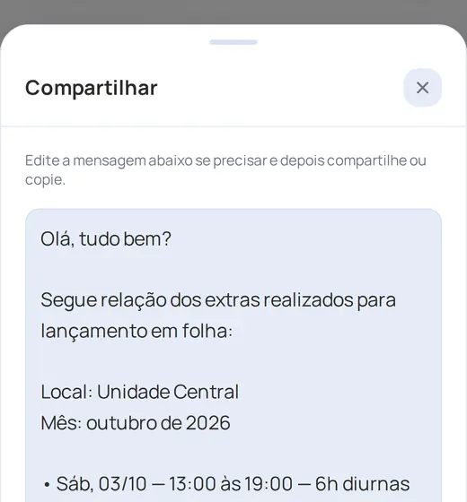 Recorte da tela do app: Mensagem para a instituição. Dados de exemplo.