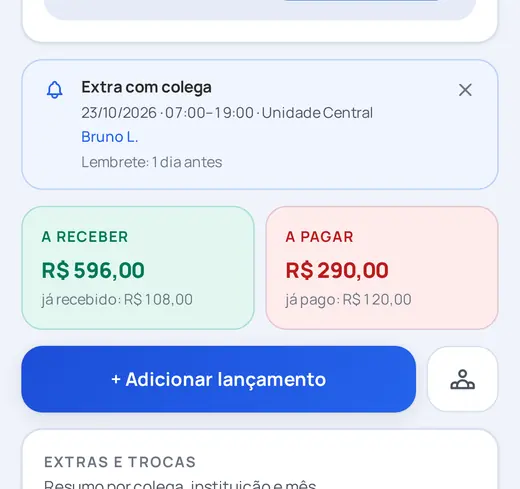Recorte da tela do app: Extras, trocas e descontos. Dados de exemplo.